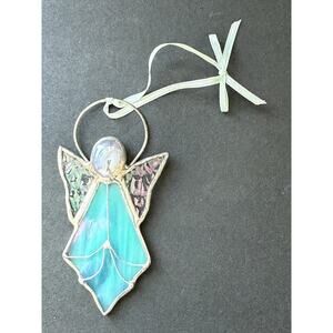 Vintage Stained Glass Angle Christmas Ornament Blue White Religious Handcrafted